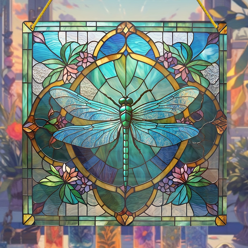 

20cm/8inch Pre-drilled Stained Glass Dragonfly Window Panel - Waterproof And Weather Resistant - Perfect For Home Decor, Garden, Patio, Or Office - Suitable For Birthday Occasions