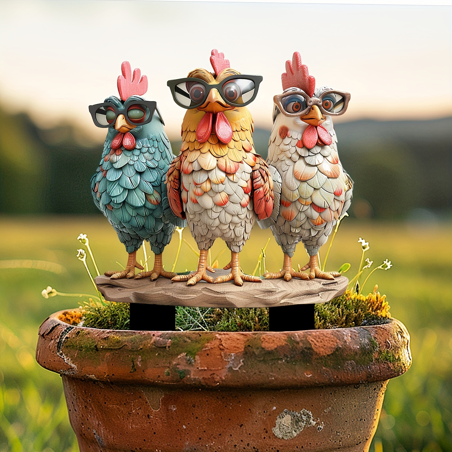 

Chic Acrylic Decorative Sign - Of Chickens With Glasses Art - Multipurpose Animal Theme Garden Stake - Waterproof Yard & Pot Landscape Embellishments - Quirky Outdoor Signage