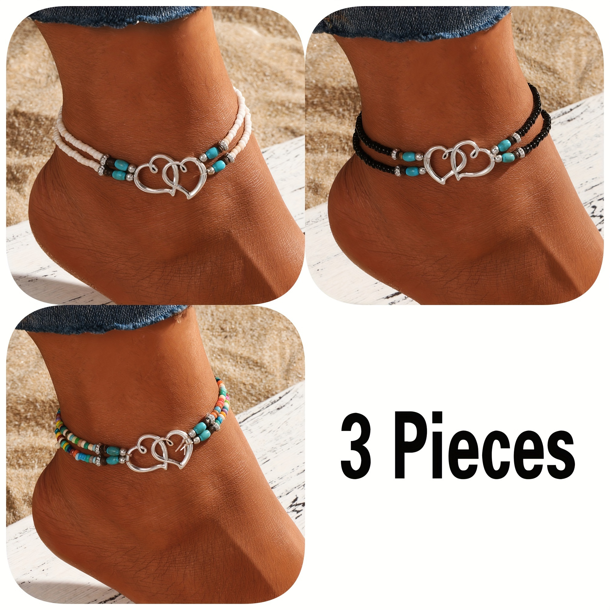 

3-piece Set, Bohemian Style, Adjustable Anklets, Women' Jewelry, Beaded Anklets With Hollow Double , Summer Beachwear, Vacation Charm, No , No Setting, Beaded Material