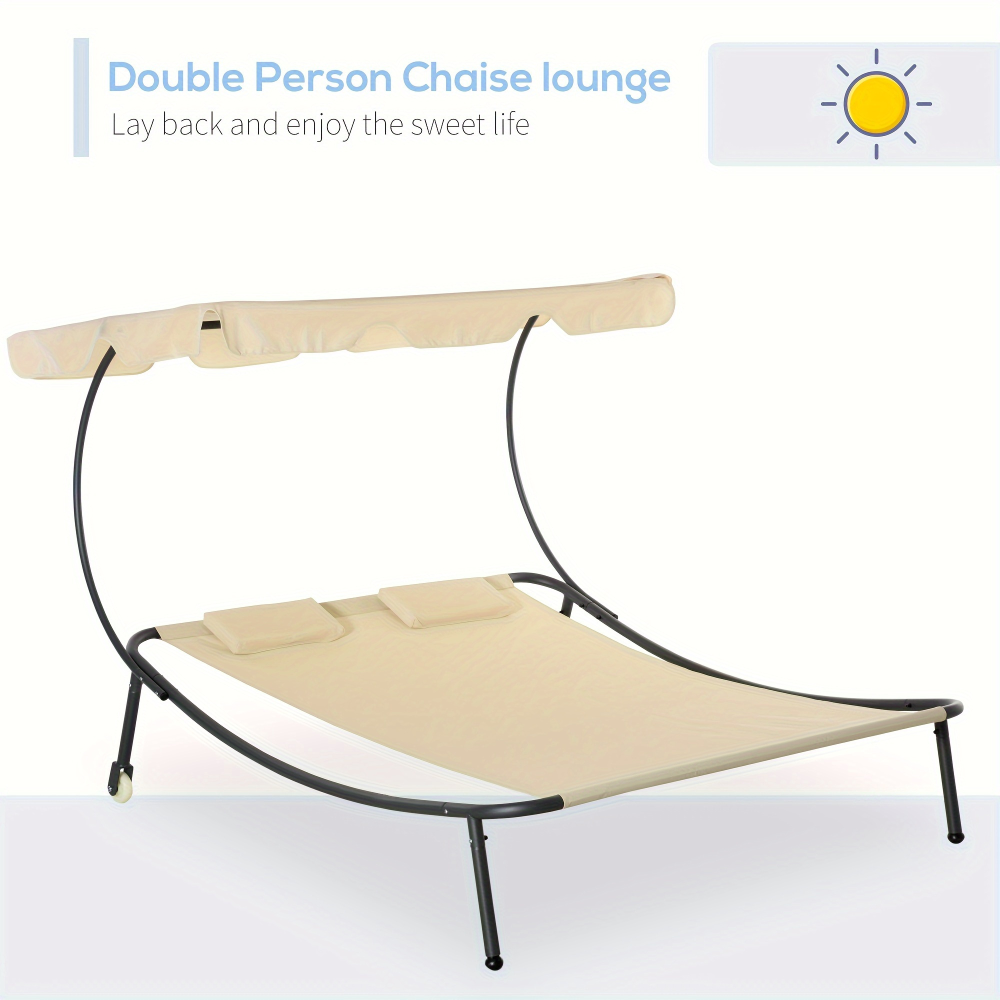 

Outsunny Patio Double Chaise Lounge Chair, Outdoor Wheeled Hammock Daybed With Adjustable Canopy And Pillow For Sun Room, Garden, Or Poolside, Beige