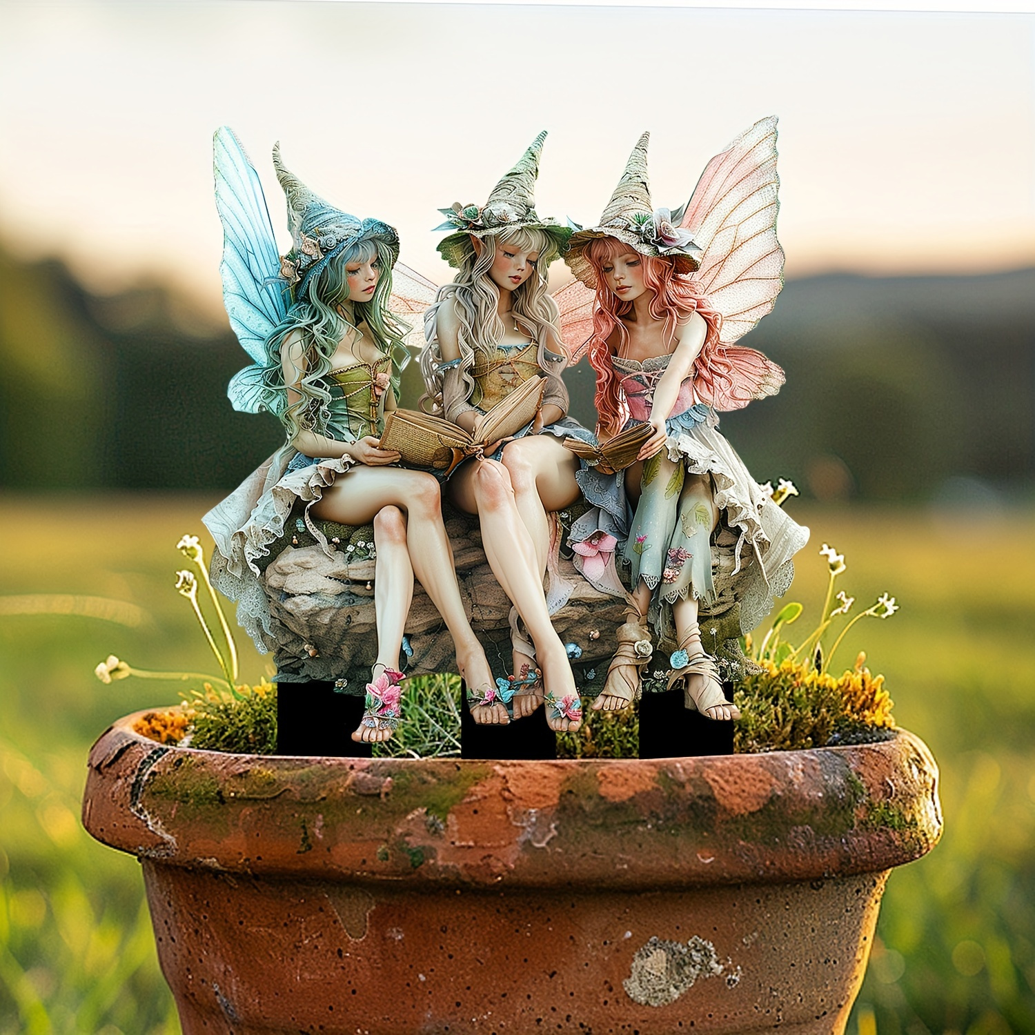 

3d Acrylic Fairy Garden Stake, 3.93x2.87 Inches, Rustic Fairy Reading Figurines, Sun Outdoor Decor, Home & Kitchen Ornament