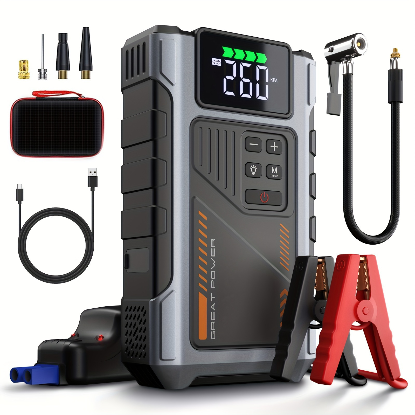 

Portable Car Jump Starter With Air Compressor 2500a (8.0l Gas, 6.5l ) With 150 Psi Tire Inflator, 12v Car Battery With Led Light W100