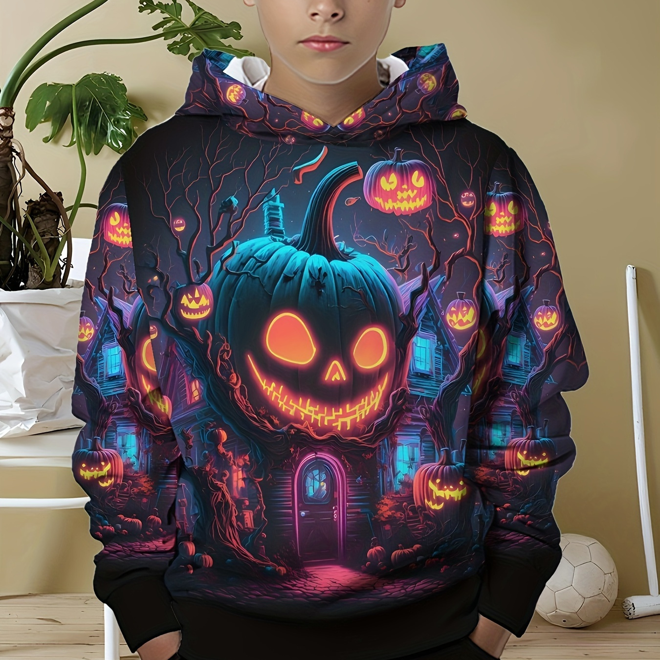 

Boys Halloween Hoodie, Casual Suitable Stretch Pullover Top For Party Fun