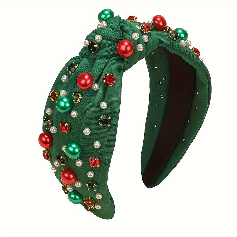 

Vintage Style Nylon Headband With Rhinestones And Imitation Pearls, Christmas Green And Red Embellished Hairband, Chic Knot Design For Women And Girls, Festive Party Accessory, Gift Photo Prop