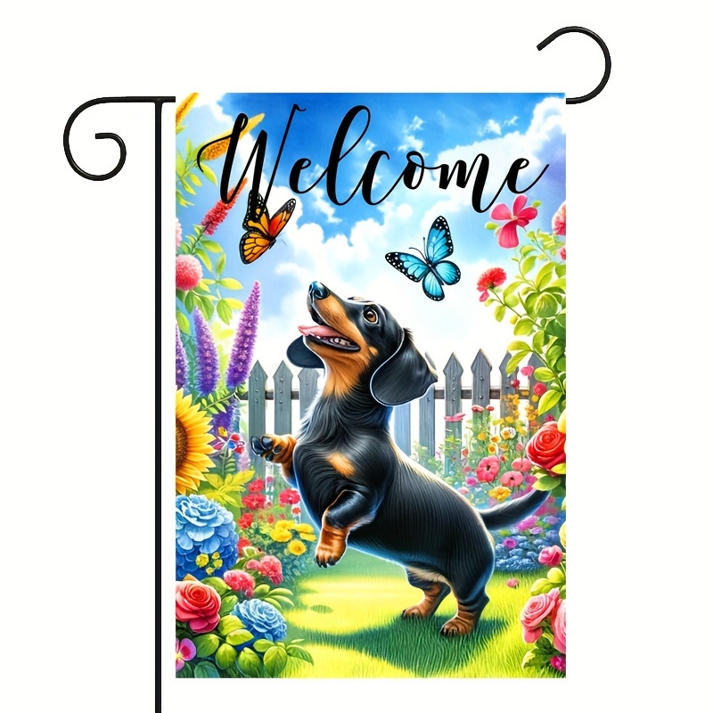 

Dachshund & Butterfly Welcome Garden Flag - Double Sided Linen Outdoor Yard Decor, Seasonal Home Lawn Flag Without Flagpole, Weather Resistant, 1pc (12x18 Inch / 28x40 Inch)