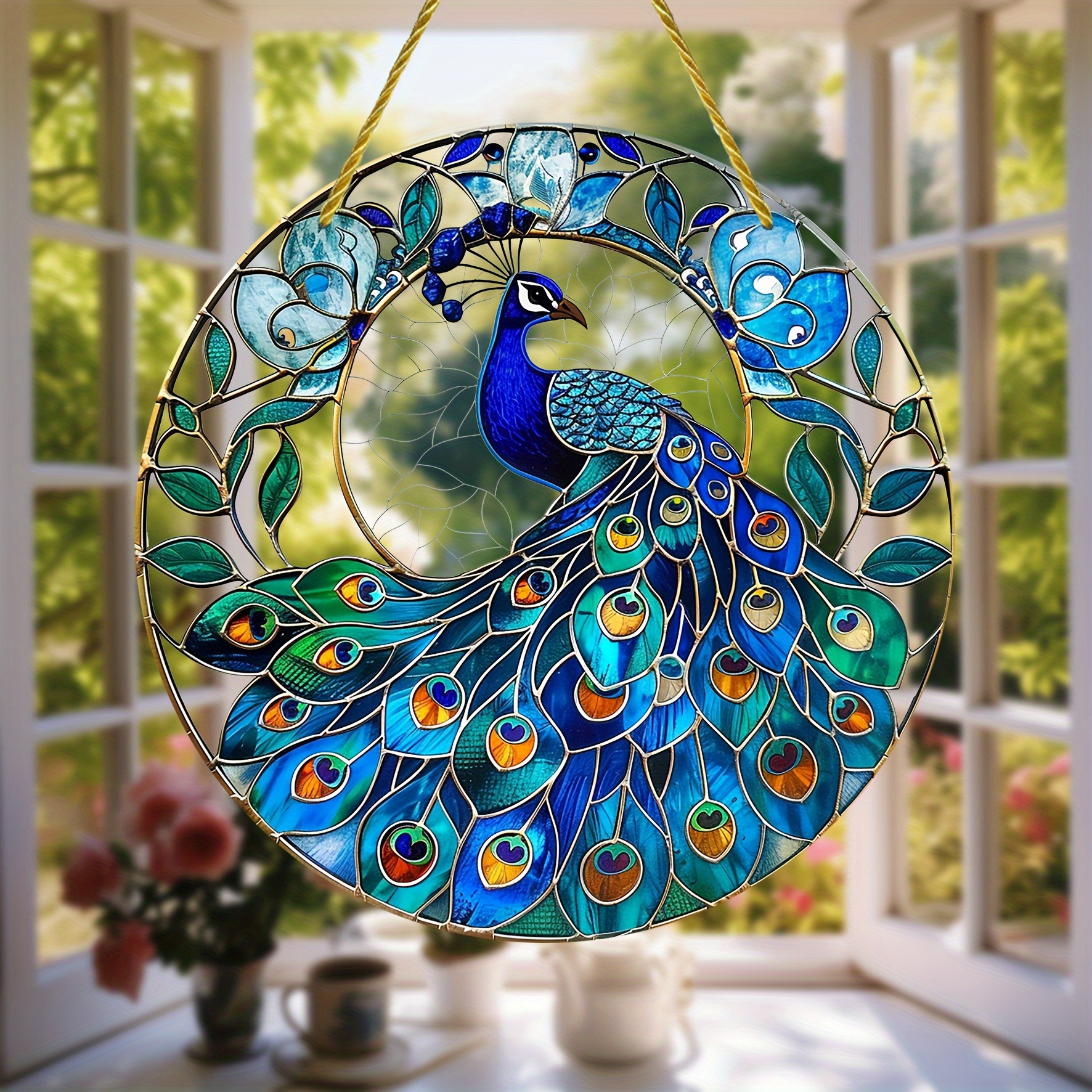 TEMU Peacock Sun - 6x6in Acrylic Window Hanging, Colorful Stained Glass Effect, Perfect Gift For Women, Ideal For Birthdays, Housewarming, And Holiday Decor Peacock Home Decor Bird Decor For Home