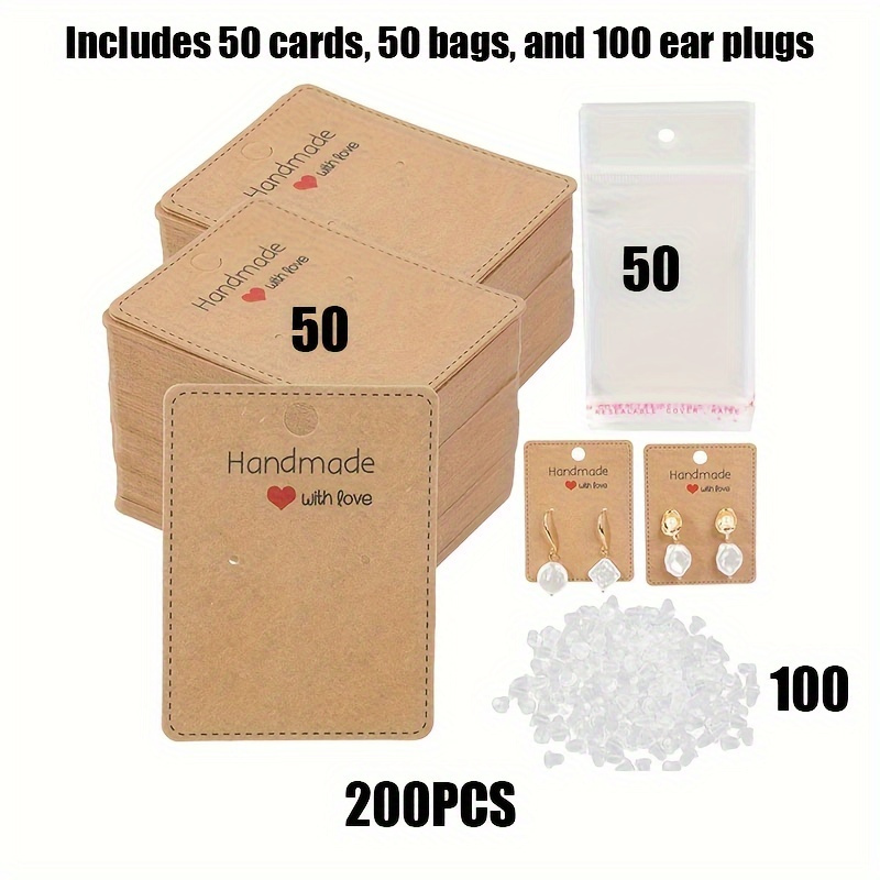 E-shop 200-teiliges Set inklusive 50 Ohrringkarten, 50 Verpackungsbeutel, 100 Ohrringverschlüsse, Ohrring-Präsentationsständer-Karten, handgefertigte