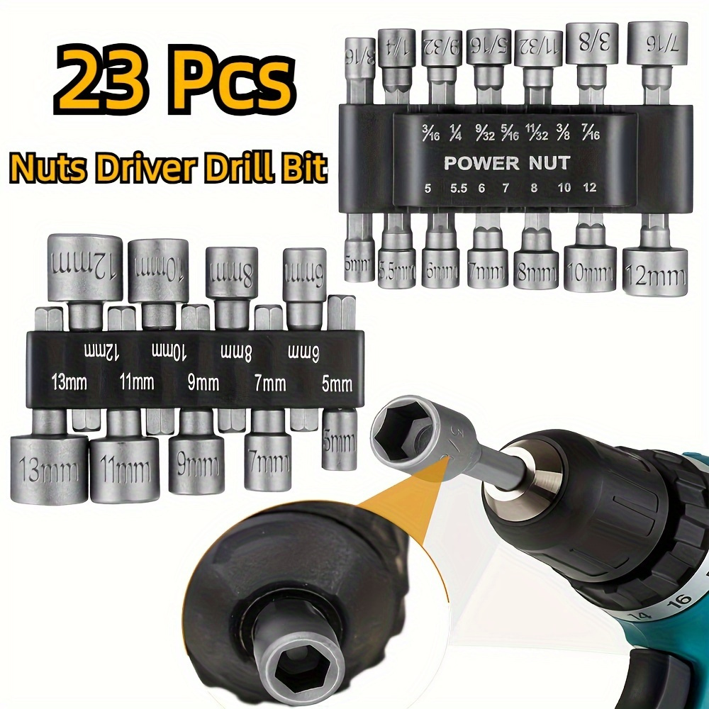 

23 Pcs Nuts Driver Drill Bit Set With 1/4" Hex Shank - Includes 5-13mm Sizes For Various Applications - Suitable For Electric Drills - Made Of High-quality Steel For Durability