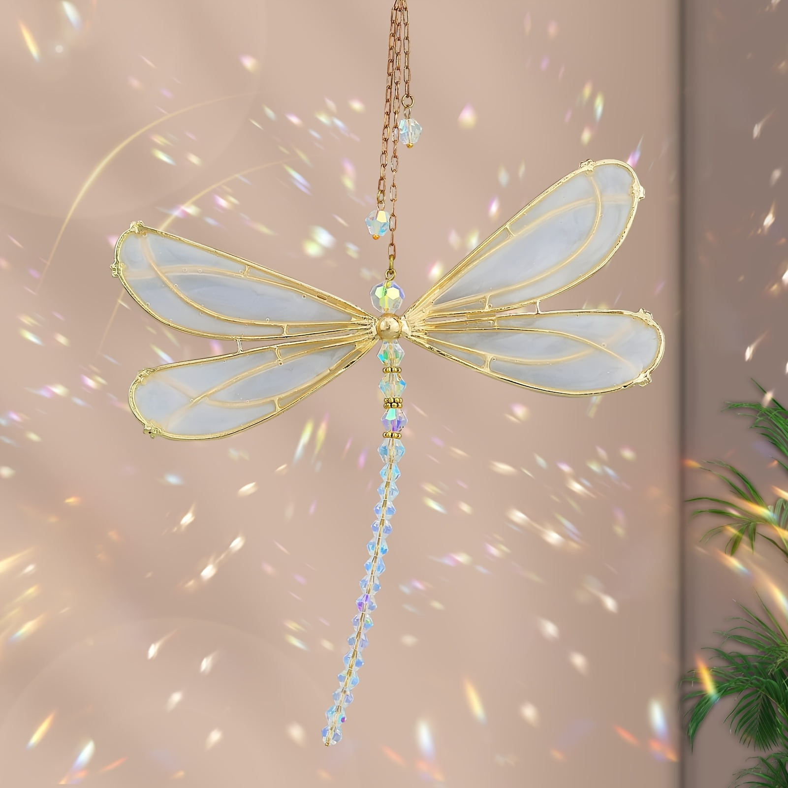Image of 1, Exquisite Dragonfly Suncatcher Ornament, With , Metal Dragonfly, For Home Outdoor Decoration, Garden Decoration, Glass Material, With Chain, Elegant Window Display