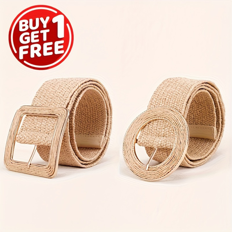 Boho Straw Belts Classic Square Round Buckle Khaki Elastic - Temu