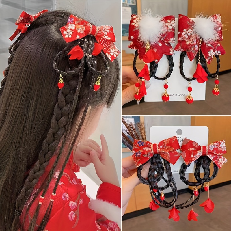 

1pair, Exquisite Unique Chinese Style Bright Red Bow Hairpins, Lantern & Lotus Tassel Hair Clips, Kids Girls Christmas New Year Outdoor Party Decors, Gift Photo Props