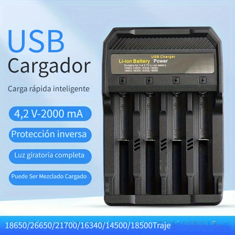 Cargador de batería de litio 18650 de 4 bahías Cargador rápido universal  para 3.7V Li-ion 10440, 14500, 16340, 16650, 14650, 18350, 18500, 18650