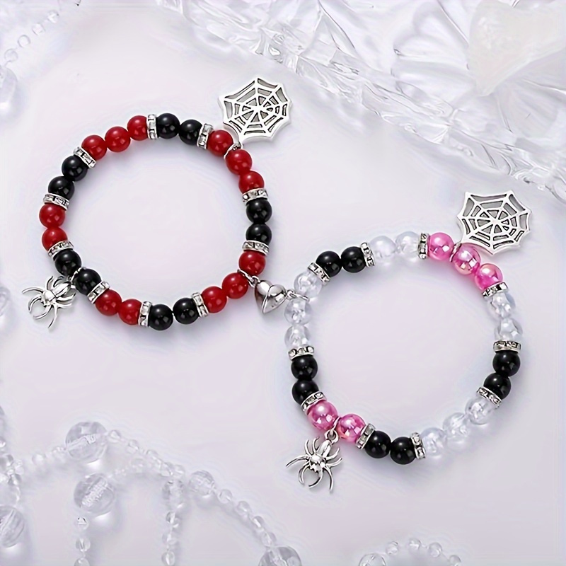 

2pcs Valentine's Day Magnetic Spider Web Pendant Bracelet, Heterosexual Energy Attraction Stone Beads, Animal Charm Bracelet, Couple Bracelet, Couple Gift