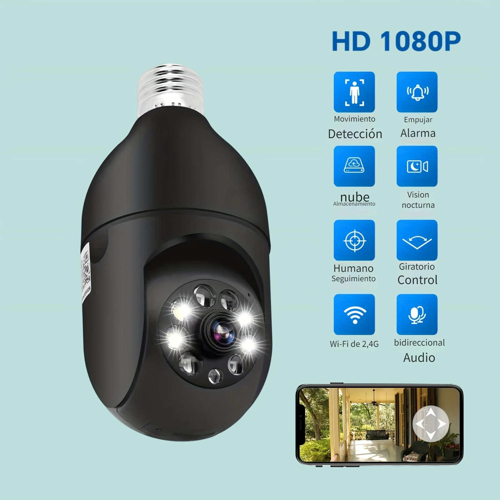 Cámara de bombilla, 1080P cámara de seguridad inalámbrica para el hogar,  360 grados 2.4GHz WiFi Smart vigilancia cam con detección de movimiento