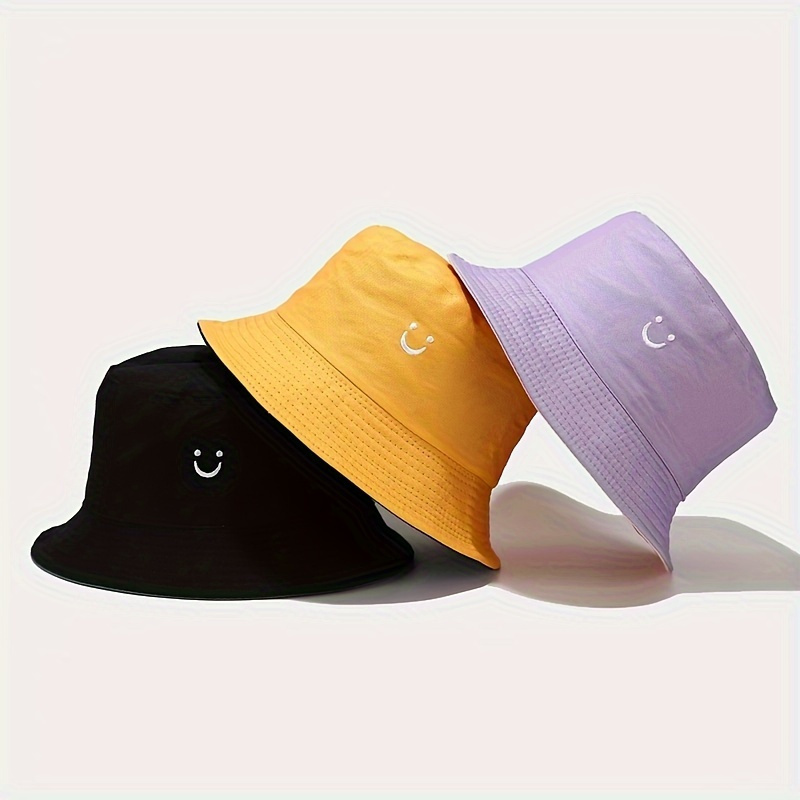 

Happy Face Reversible Bucket Hat Solid Color Versatile Basin Hat Summer Stylish Sun Hat Suitable For Travel Shopping