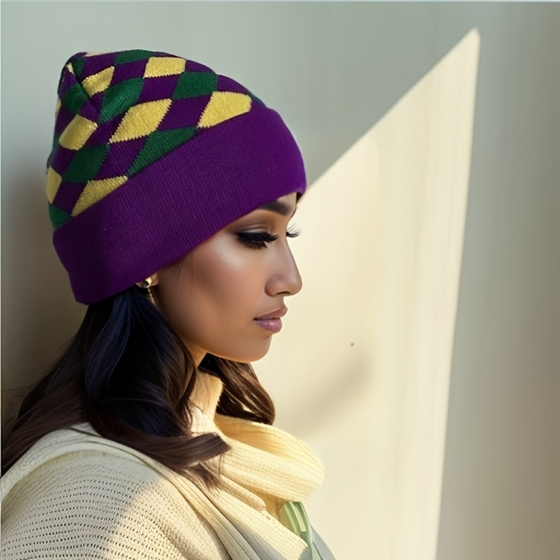 

Mardi Gras Stretch Knit Beanie - Vibrant Purple, Yellow & Green , Lightweight & Hand-washable, Cuff Skull Cap For Easter Celebrations