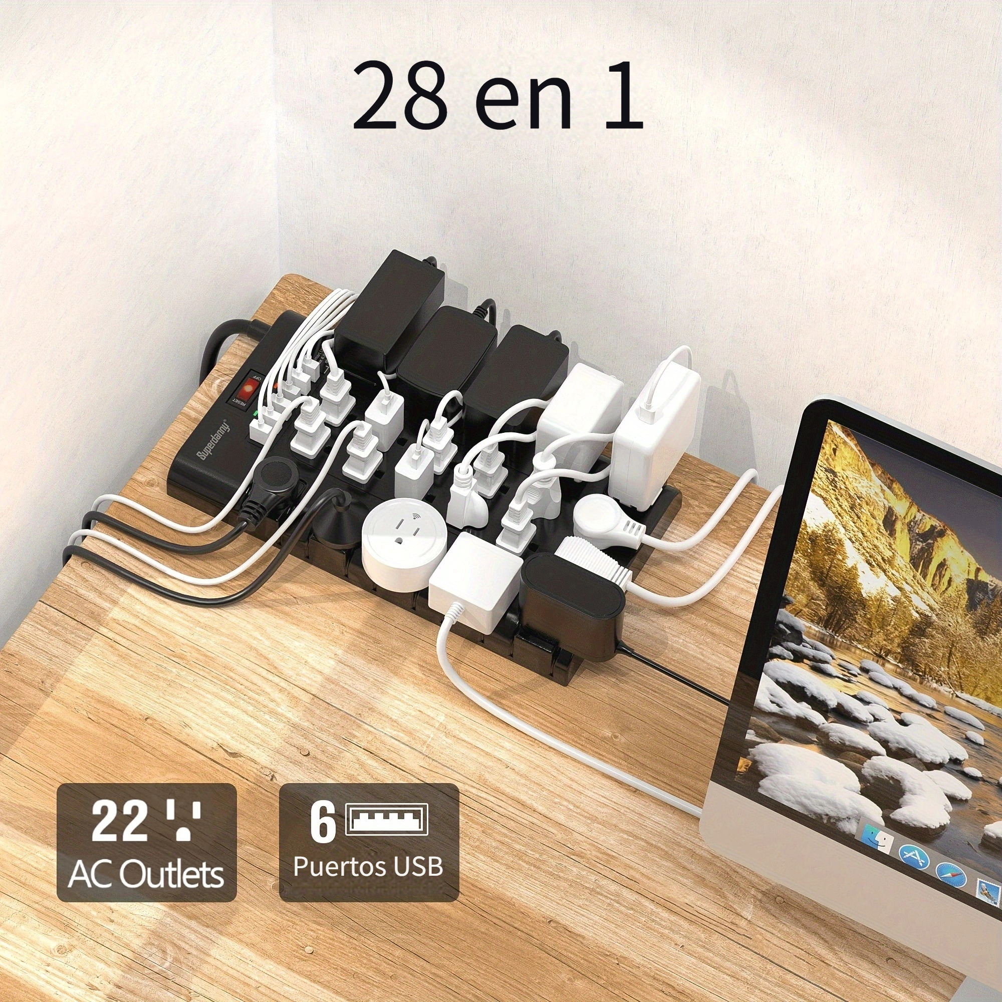  Torre de regleta de 8 salidas y protector de sobretensiones de  6 salidas con paquete USB, cable de extensión de 10 pies de enchufe plano,  enchufes de CA ampliamente espaciados, 1700