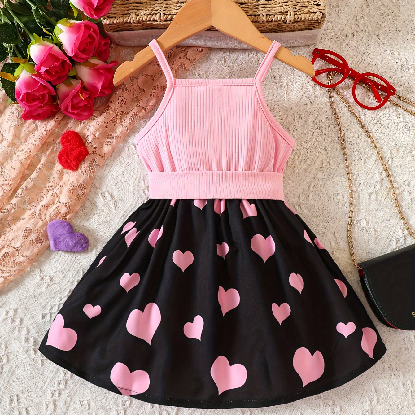 

Baby Girls Kids Love Heart Suspender Dress, Cute Cartoon Cat With Bow Love Heart Print Dress