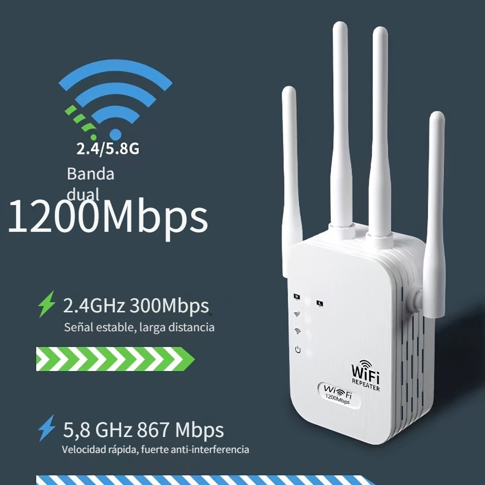 Repetidor WiFi, 1200Mbps Amplificador Señal WiFi Banda Dual 5GHz/2.4GHz  Repetidor WiFi Largo Alcance con 4x3dBi Antena, WiFi Booster Extensor WiFi  con