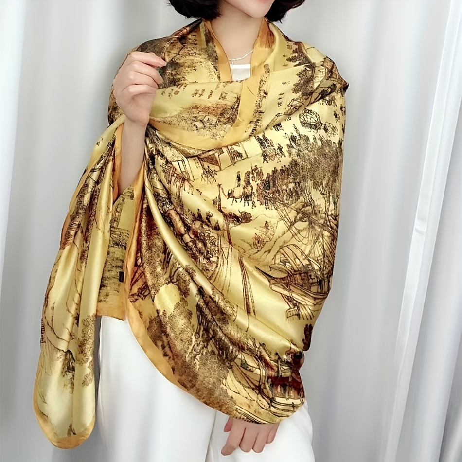 

Yellow Ancient Style Printed Scarf Soft Warm Smooth Shawl Spring Autumn Windproof Inelastic Scarf For Women