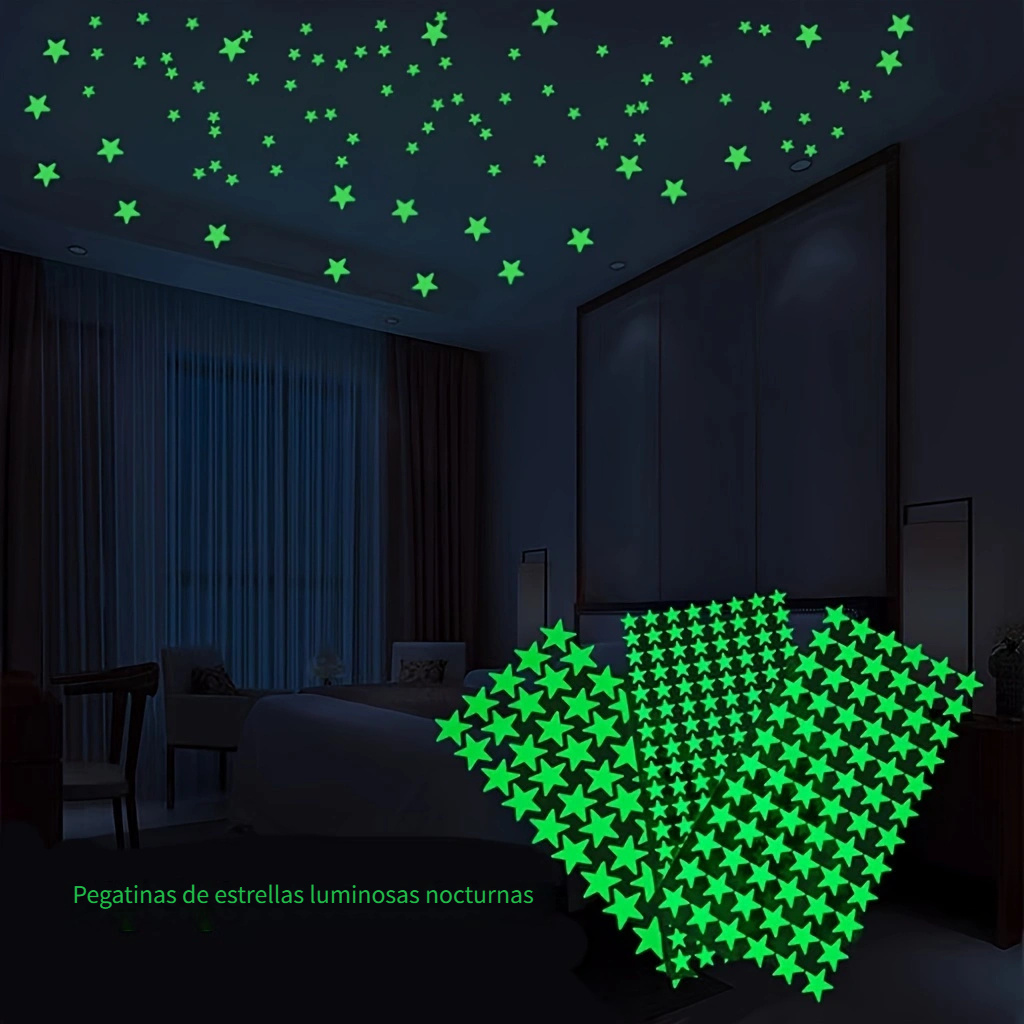 HoneyToys 204 calcomanías de pared de plástico noctilucentes fluorescentes  de 1.2 pulgadas, estrellas luminosas para el hogar, techo, pared