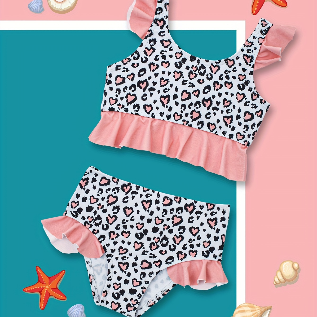 

2pcs Toddler Kid's Leopard Pattern Bikini Set, Stretchy Ruffle Trim Bathing Suit, Baby's Swimsuit For Summer Beach Vacation