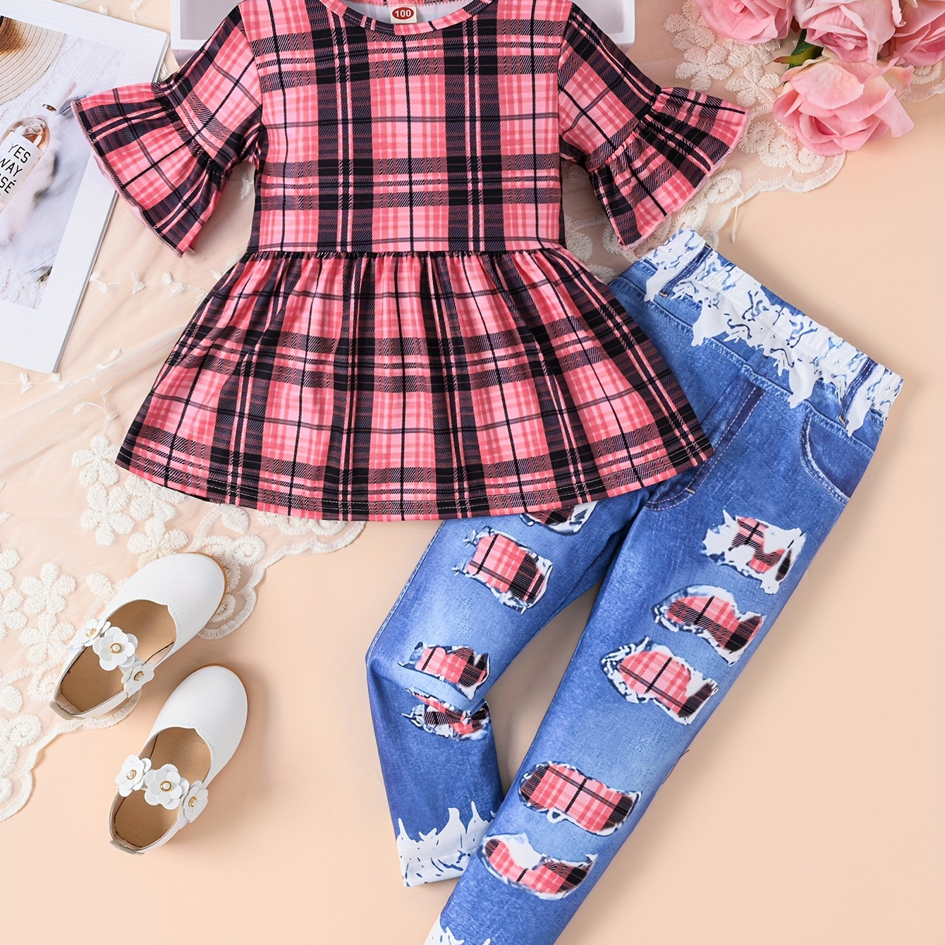 

Girls Plaid Print Flared Long Sleeve Peplum Top + Imitation Denim Print Legging Trousers Set