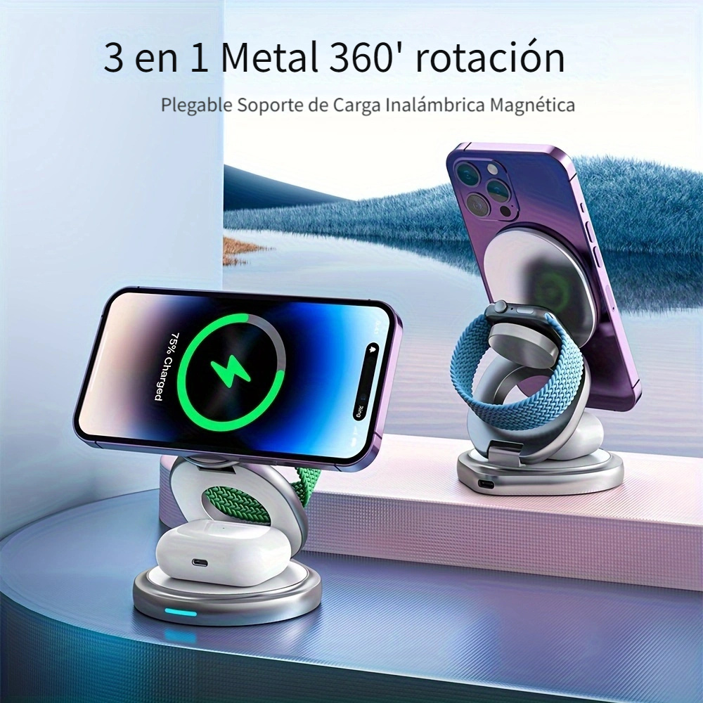 Cargador inalámbrico 3 en 1, estación de carga plegable inalámbrica,  almohadilla de carga inalámbrica rápida magnética compatible con iPhone