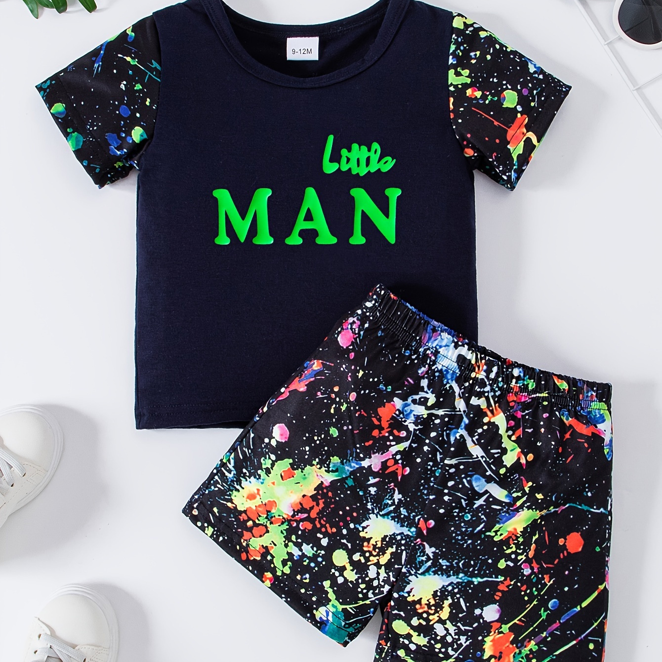 

2pcs Infant & Toddler's Paint Splash Pattern Summer Outfit, "little Man" Print T-shirt & Casual Shorts, Baby Boy's Clothes