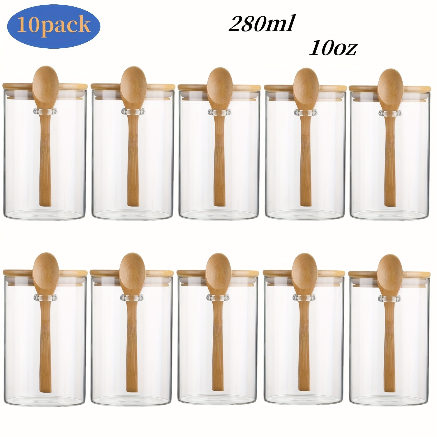 

10pcs 280ml/10oz Glass Spice Jars With Bamboo Lids And Spoons - Airtight Sealed Containers For Outdoor Storage, Camping, Picnics, Restaurant Bbq - Ideal For Spices, Salt, Pepper, Oats, Sugar