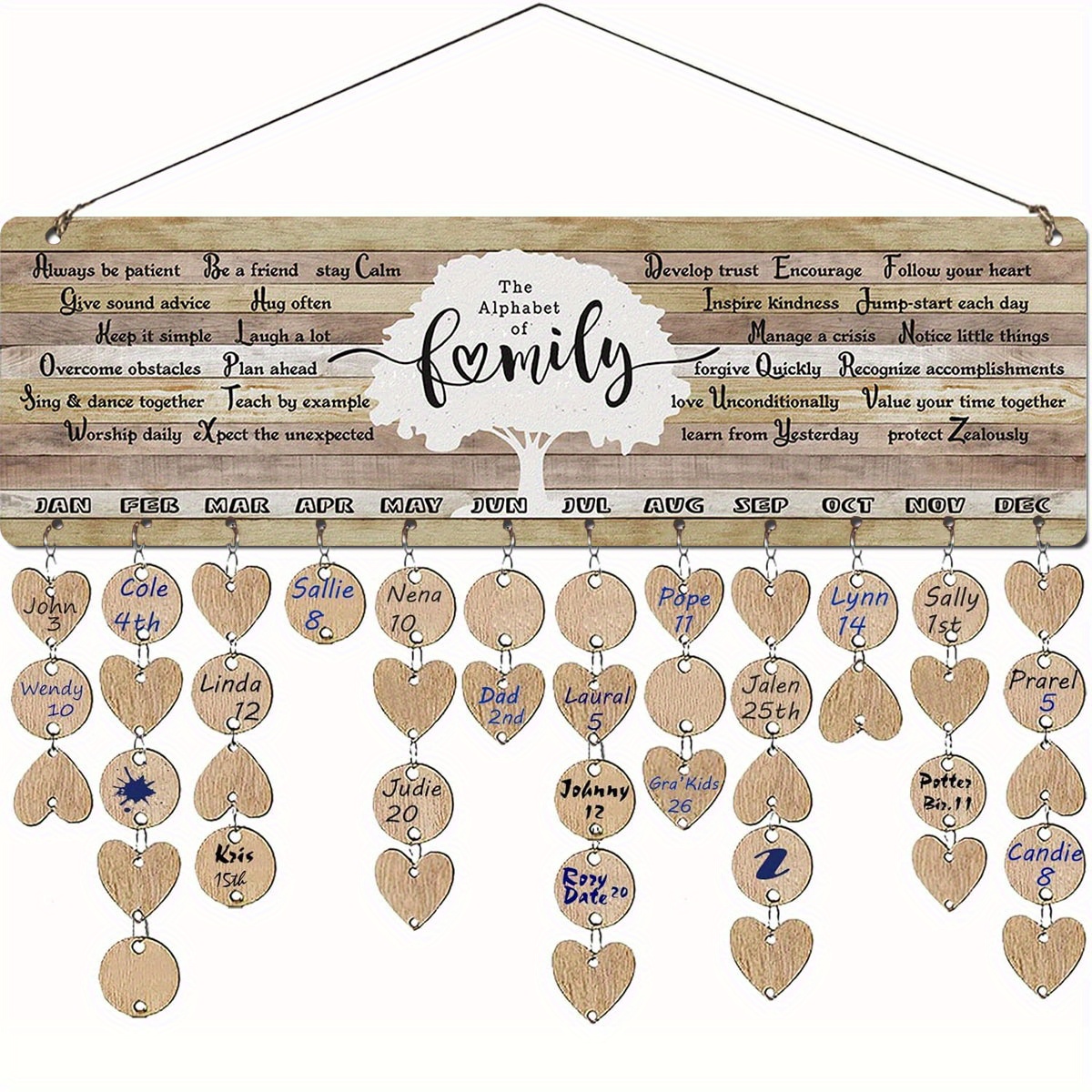 

Family Birthday Calendar With Tags, Vintage The Alphabet Of Family Birthday Wall Hanging, Inspirational Quotes Wooden Birthday Reminder For Mothers Day Anniversary