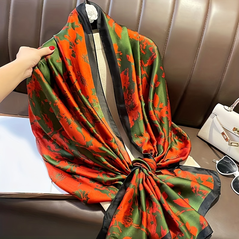 

Red Flower Printed Chiffon Scarf Classic Thin Smooth Satin Shawl Elegant Style Windproof Sunscreen Head Wrap For Women