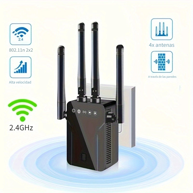 Extensor WiFi, amplificador WiFi, repetidor WiFi, cubre hasta 3000 pies  cuadrados y 40 dispositivos, 4 antenas de cobertura completa de 360°