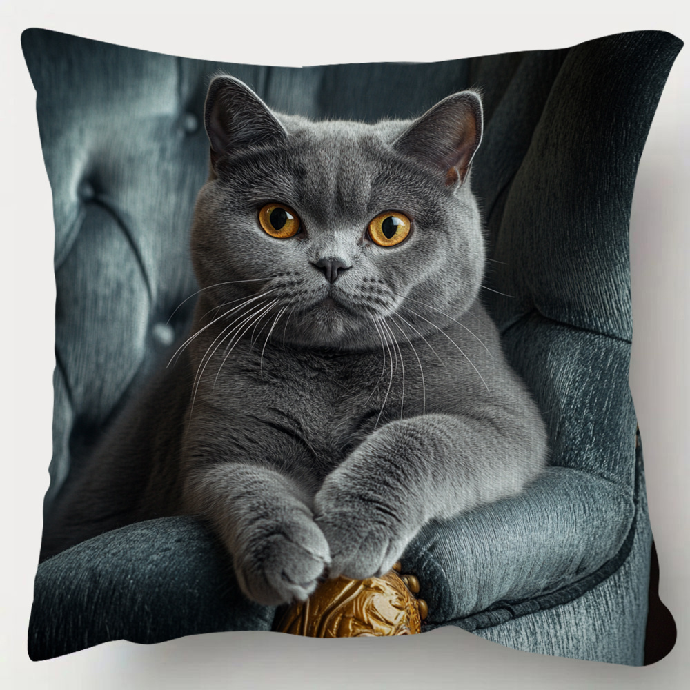 

1pc Double Side Short Pillow Case Shorthaired Silvery Cat On Armchair Throw Pillow Covers Fashion Pillowcase 18inch*18inch Suitable For Sofa, Living Room Bedroom Office Home Decor No Pillow