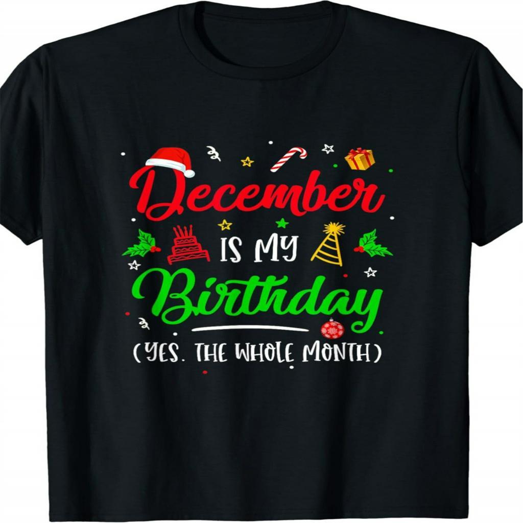 

December Birthday Celebration T-shirt, Cotton Crew Neck Tee, , Regular Fit, With Print, For Adults, Christmas-themed All Month Long