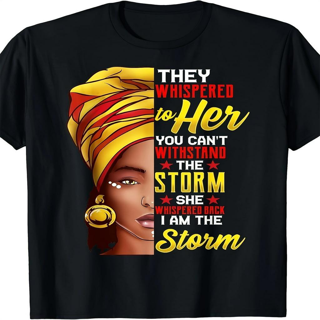 

I Am Storm" Month Cotton T-shirt - Casual Crew Neck, Short Sleeve With African Female Print For Men