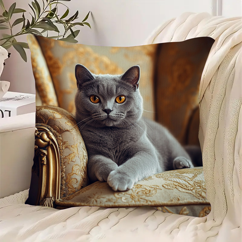 TEMU Housse de Coussin Chic pour Chat British Shorthair - , Peluche Douce, 18x18 Pouces - Parfaite pour Canapé & Décoration Maison, Fermeture Éclair