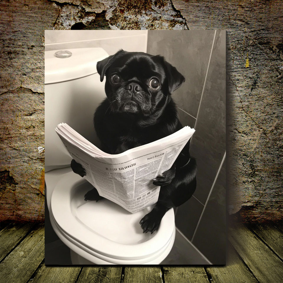 

Reading Newspaper On Toilet - Canvas Art, 11.8x15.7 Inches, Decor