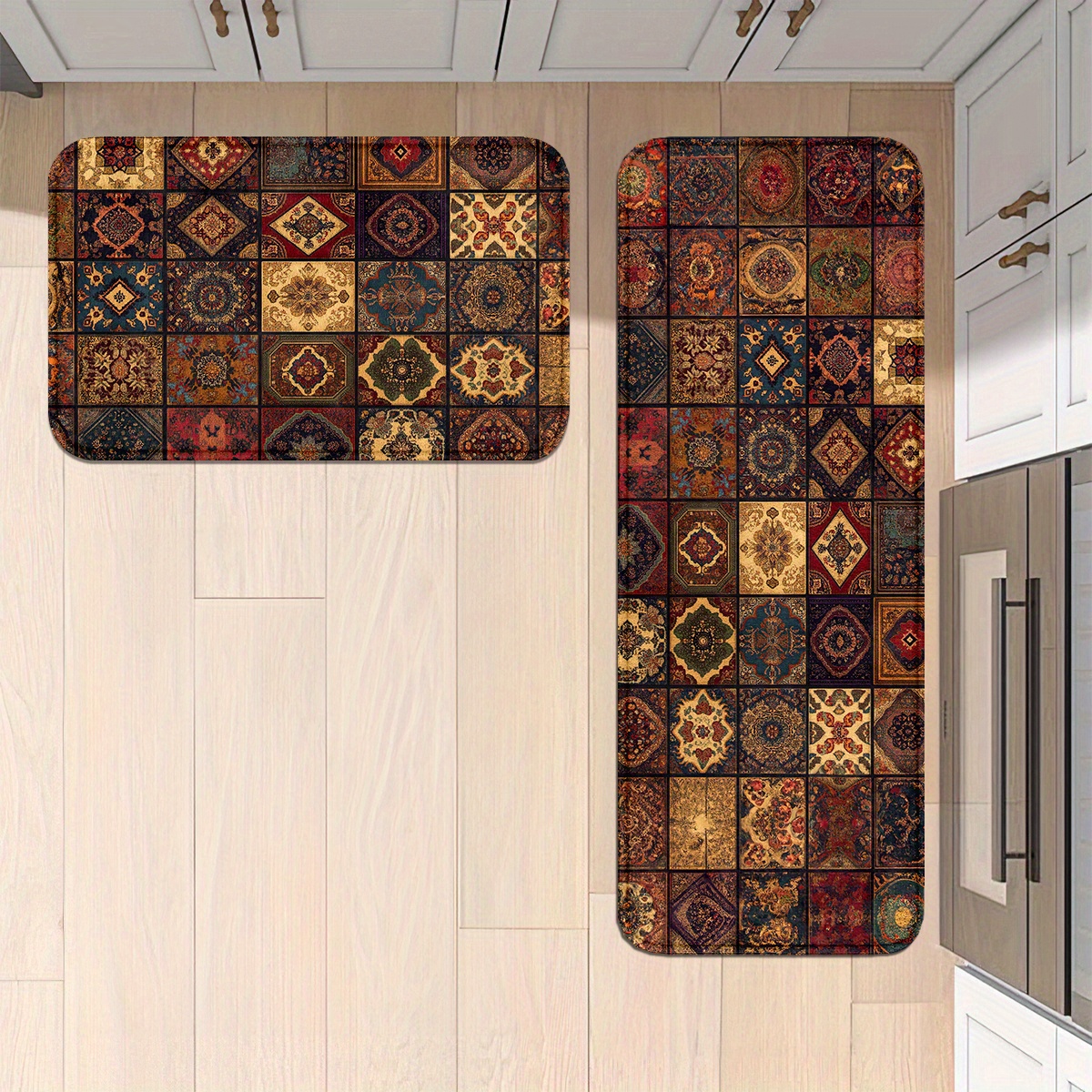 TEMU Retro Bohemian Mat Set, Made Of Polyester, Non-slip, Machine Washable Knitted Rug Suitable For Home, Office, Sink, And Laundry Room - A