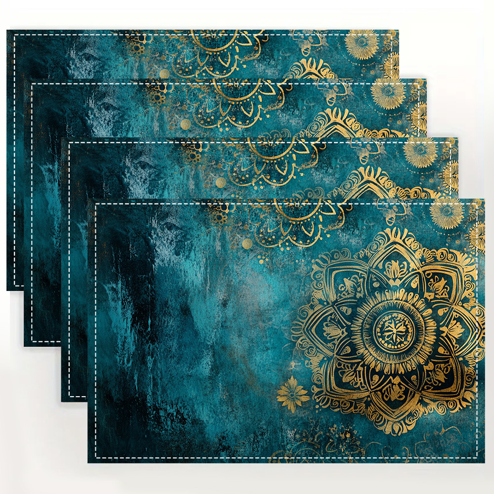 

4pcs Set -chic Turquoise Mandala Placemats - , Washable & Reusable, Dining & Kitchen Decor, Ideal For Home Parties And Dinners