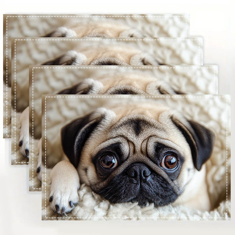 

4pcs Pug Placemats, 100% Linen Woven Square Table Mats, 12x18 Inches, Hand Wash Only, For Dining, Kitchen, Party, Home Decor