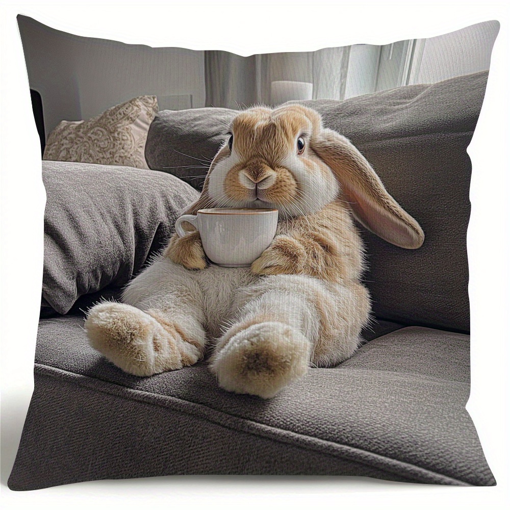 

1pc Vibrant Lop Eared Rabbit Pillow Cover - Cozy Double-sided Print, Polyester, Zippered Case For Easter & Decor, Hand Wash Only (pillow Insert Not Included), Cute Pillows