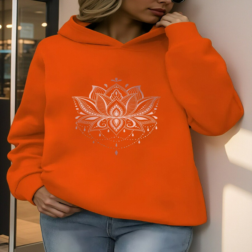 

1pc Sweat à capuche décontracté en polyester pour femme avec imprimé géométrique de lotus - Tissu tricoté, col à capuche, motif alphabet, sweat-shirt de mode automne/hiver