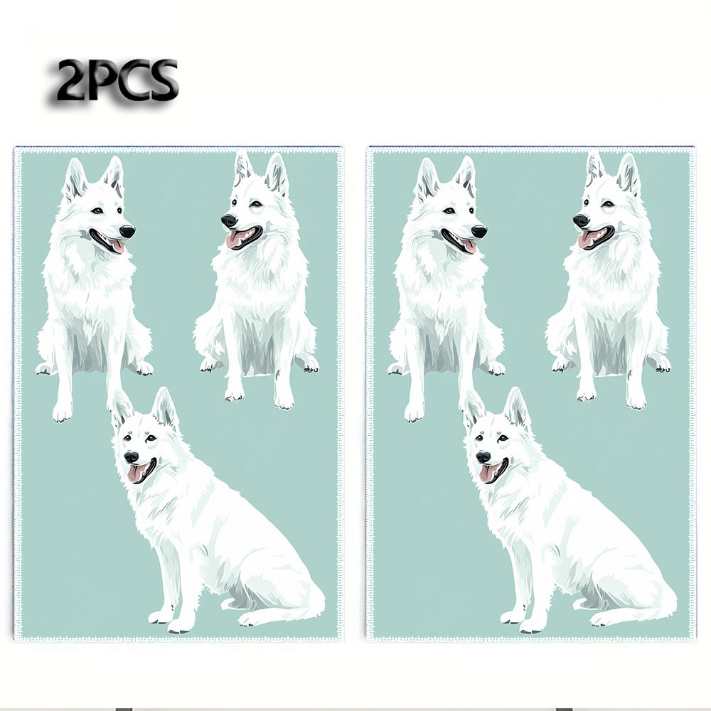 

2pcs Vintage Cartoon White Swiss Shepherd Dog Patterned Polyester Kitchen Towels, Machine Washable Antibacterial Woven Dish Cloths For Christmas, Decorative Oblong Cleaning Pads By Wbbjb801