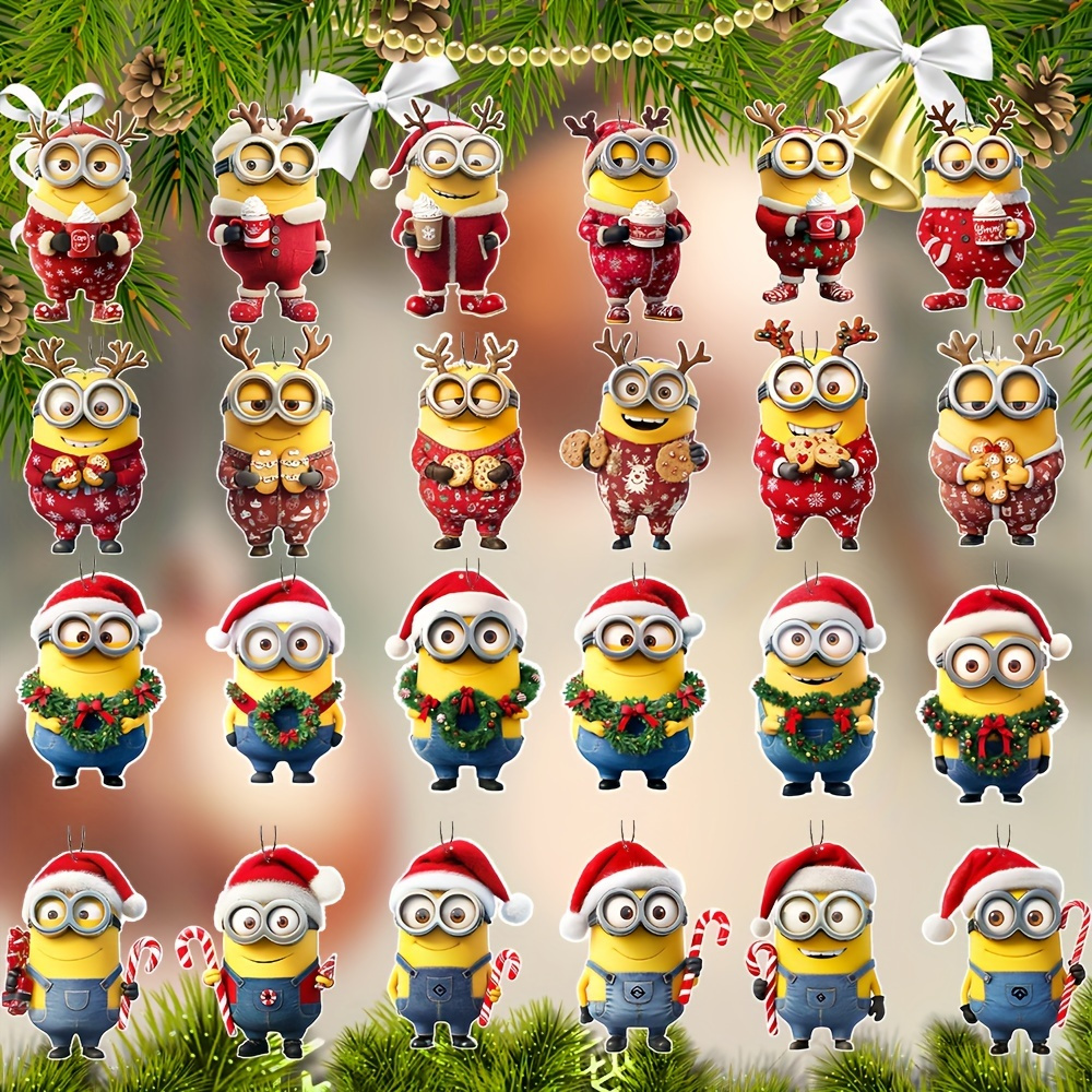 

24pcs Minions Christmas Ornament Set - Cute Wooden Decorations With Lanyard, Family & Friends , Indoor/outdoor Party