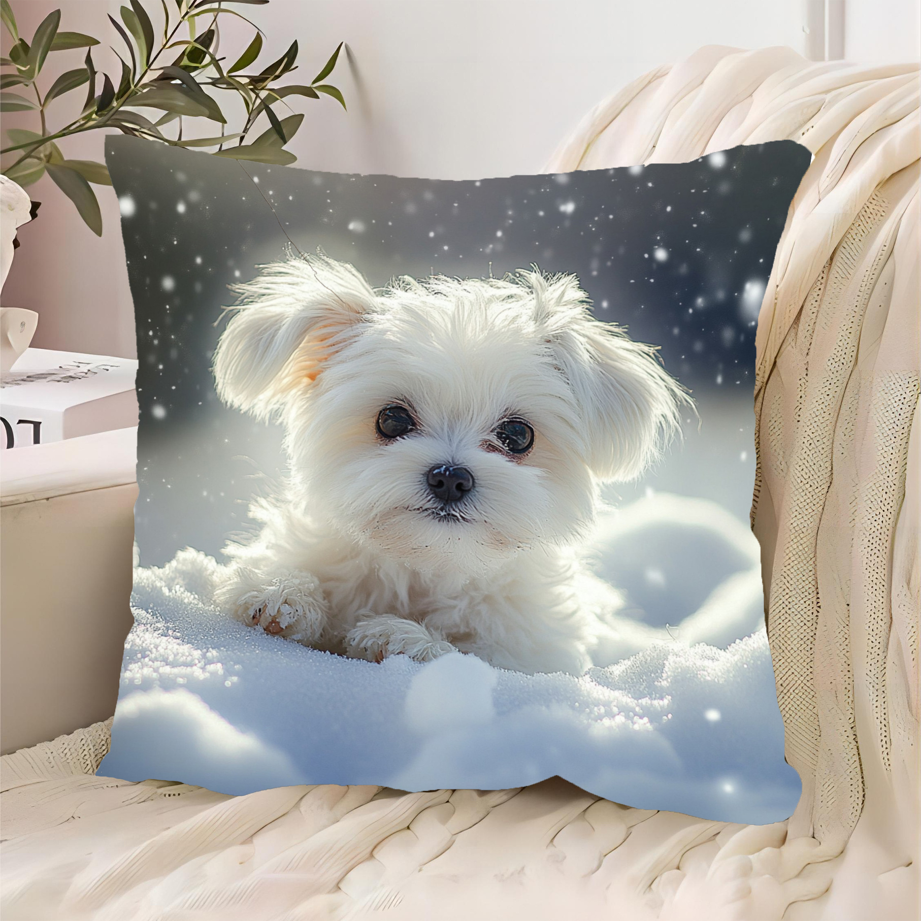 

Adorable Maltese Pup In Snow - 18x18 Inch Soft Polyester Throw Pillow Cover, Zip Closure, Hand Washable, Living Room & Bedroom Decor (pillow Not Included)