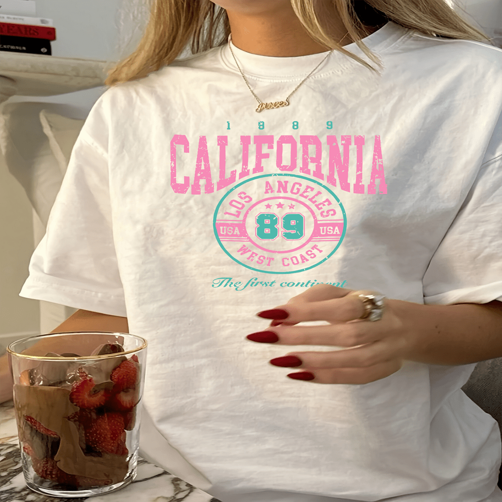 

Los Angeles Graphic Print T-shirt For Women, 100% Polyester, Crew Neck, Geometric Pattern, Regular Fit, Short Sleeve, Knit Fabric, Top