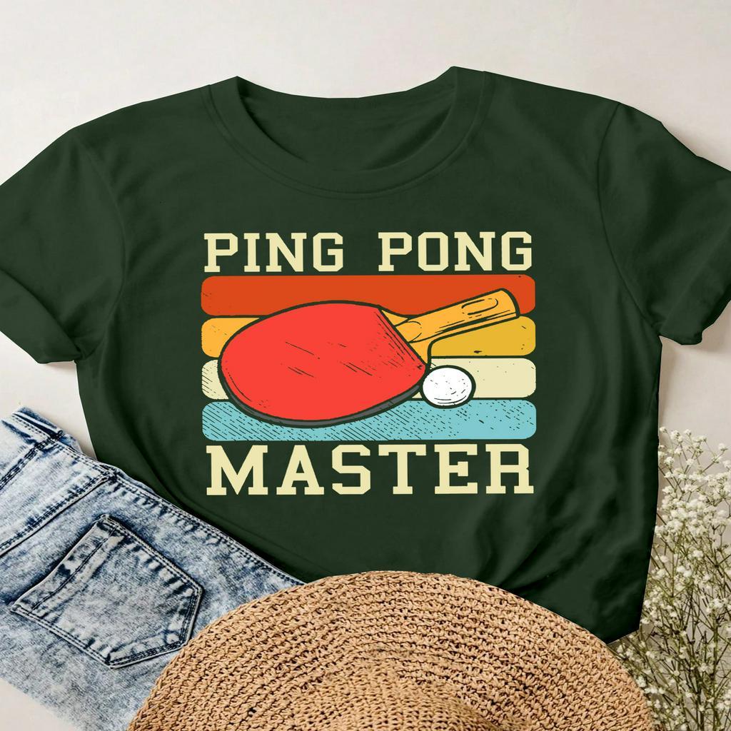 

1pc Ping Pong Tee, Polyester 95% Spandex 5% Tissu tricoté, Col rond, Manches courtes, T-shirt décontracté d'été pour femmes