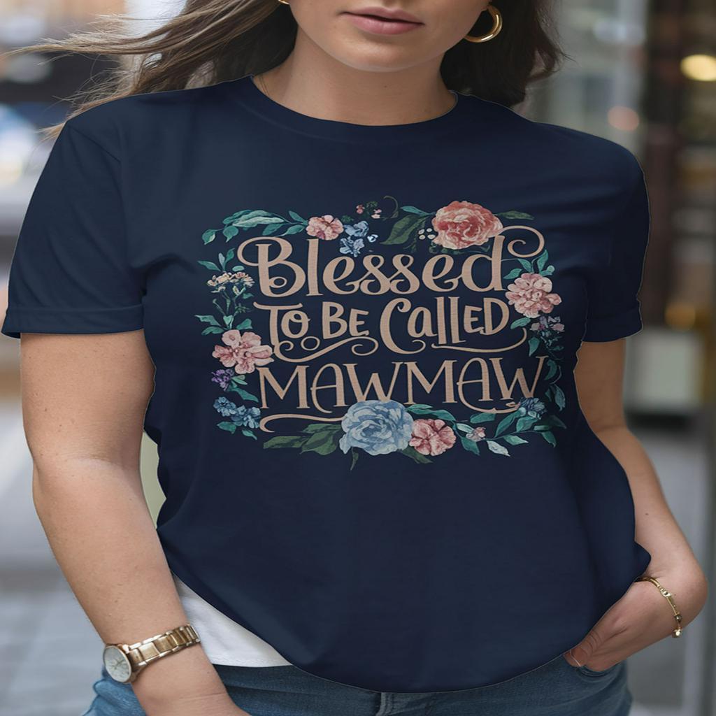 

1pc Women's Casual Cotton T-shirt With "blessed To Be Called Mawmaw" Floral Graphic - Round Neck, Short Sleeve, Regular