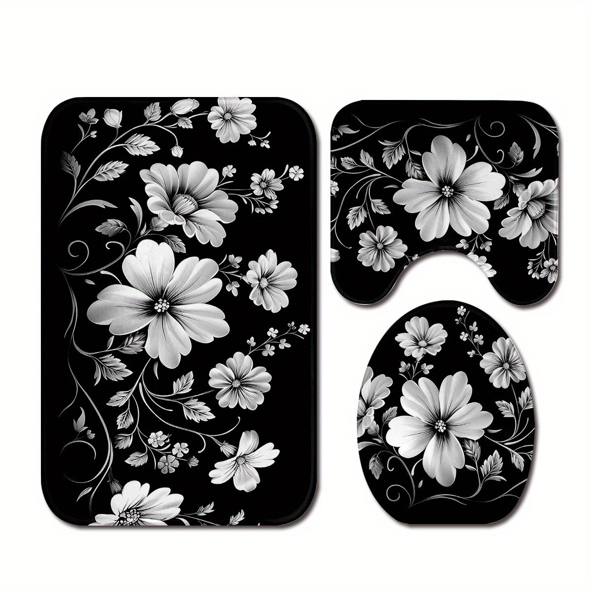 E-shop 3-teiliges Badezimmer-Teppich-Set mit Blumenmuster in Schwarz und Weiß, gestrickte Polyester-Badematten, rutschfest, maschinenwaschbar, dick,